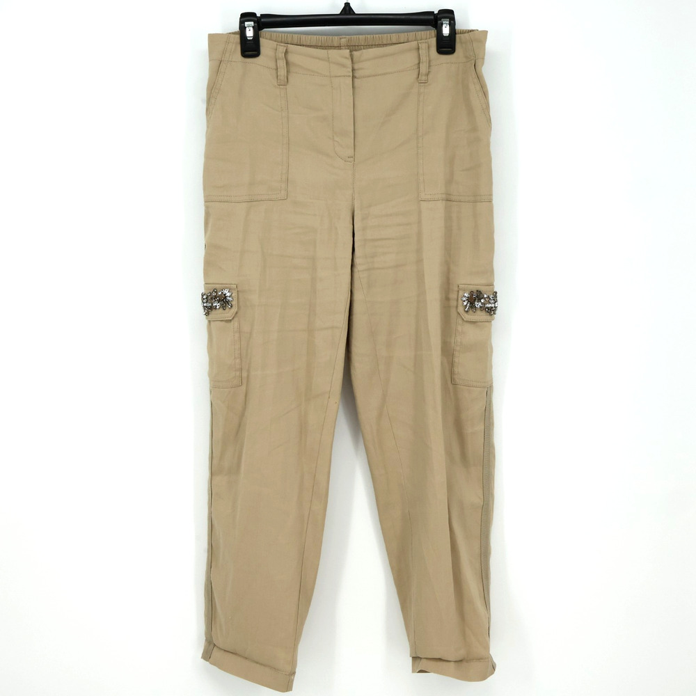 Chicos 0 Cargo Pants Womens 4 Small Beige Khaki Linen Blend Beaded Elastic Waist
